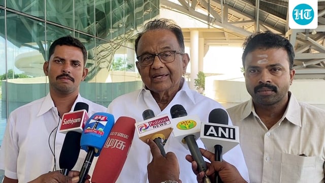 Congress MP P Chidambaram speaks to media in Tiruchirappalli.