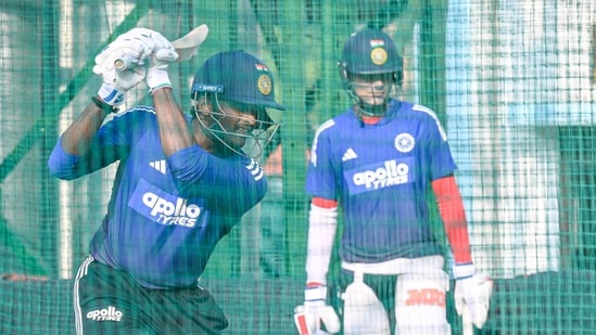 Sai Sudharsan has a hit in the net in Delhi while Shubman Gill watches on from the side.