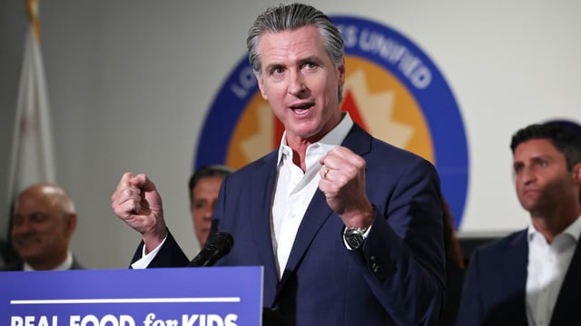 California Gov. Gavin Newsom speaking at a Los Angeles school before signing legislation aimed at improving kids' nutrition and health across California on Wednesday. Photo: Mario Tama/Getty Images