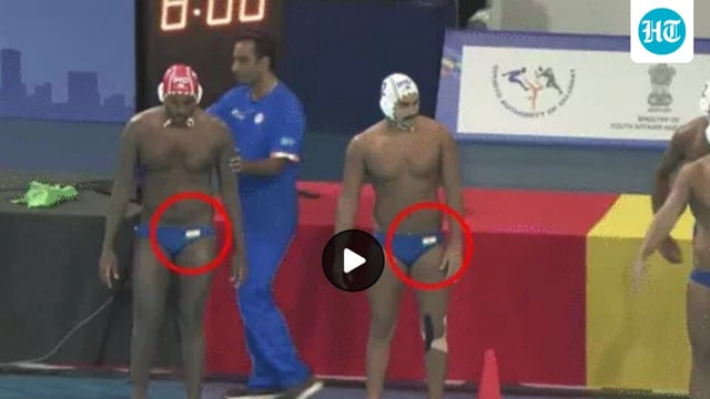 Indian swimmers wearing trunks with Indian flag