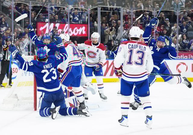 Oct 8, 2025; Toronto, Ontario, CAN; Toronto Maple Leafs defenseman Morgan Rielly (44) celebrates after scoring goal against the Montreal Canadiens during the third period at Scotiabank Arena. Mandatory Credit: Nick Turchiaro-Imagn Images