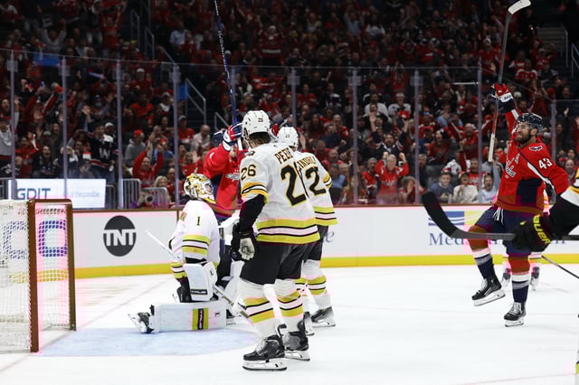 Oct 8, 2025; Washington, District of Columbia, USA; Washington Capitals right wing Tom Wilson (43) celebrates after scoring a goal on Boston Bruins goaltender Jeremy Swayman (1) during the third period at Capital One Arena. Mandatory Credit: Geoff Burke-Imagn Images