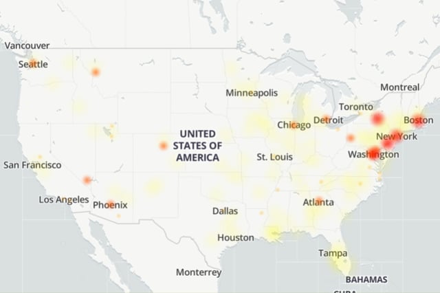 Map produced by Downdetector showing Verizon outage reports across the U.S. in the early hours of Thursday.