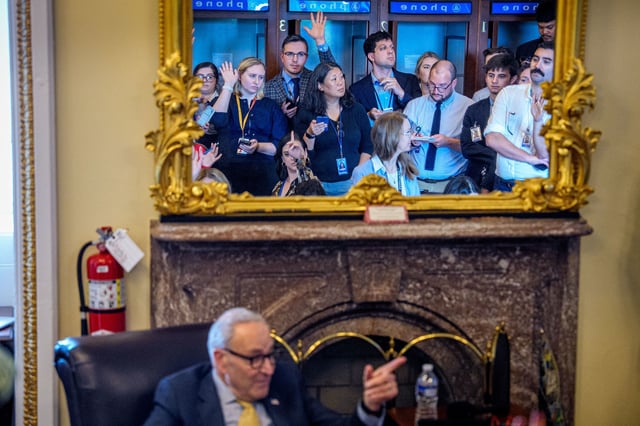 Senate Minority Leader Chuck Schumer takes a question during a "pen and pad" meeting with reporters at the US Capitol on October 8, 2025. The government remains shut down after Congress failed to reach a funding deal last week.