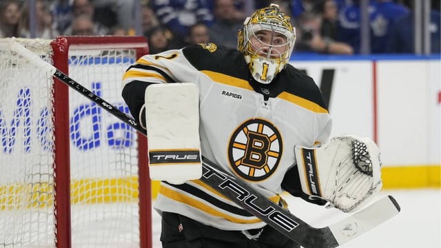Jan 4, 2025; Toronto, Ontario, CAN; Boston Bruins goaltender Jeremy Swayman (1) follows a rebound after a shot by the Toronto Maple Leafs during the first period at Scotiabank Arena. Mandatory Credit: John E. Sokolowski-Imagn Images
