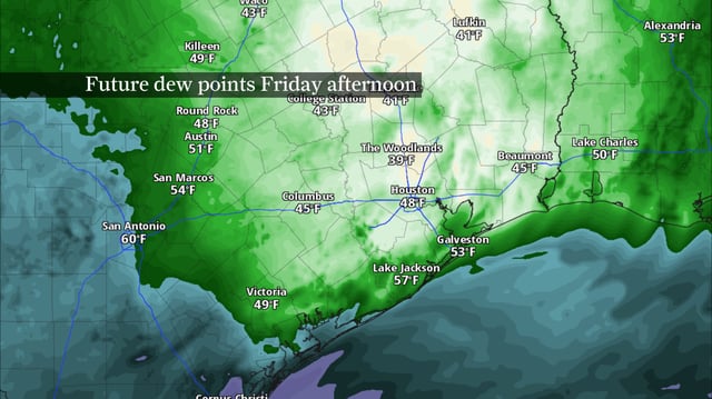 Dew point temperatures — an indicator of atmospheric moisture levels — are expected to drop into the 40s across Southeast Texas behind Thursday’s weak cold front by early Friday afternoon.