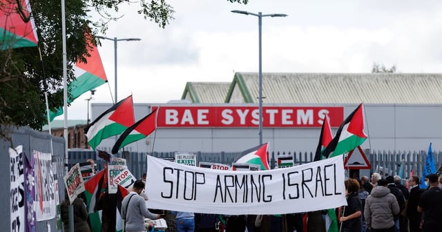 Pro-Palestinian campaigners demonstrated outside weapons manufacturer BAE Systems's Rochdale site on Tuesday. Getty Images