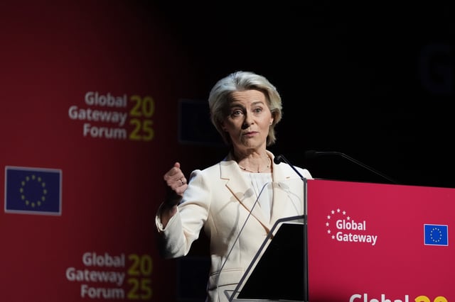 European Commission President Ursula von der Leyen speaks during the opening address at the Global Gateway Forum in Brussels, Thursday, Oct. 9, 2025. (AP Photo/Virginia Mayo)