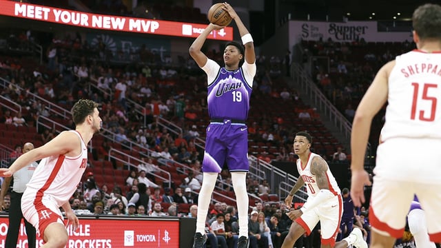 Oct 8, 2025; Houston, Texas, USA; Utah Jazz forward Ace Bailey (19) shoots the ball during the first quarter against the Houston Rockets at Toyota Center. Mandatory Credit: Troy Taormina-Imagn Images