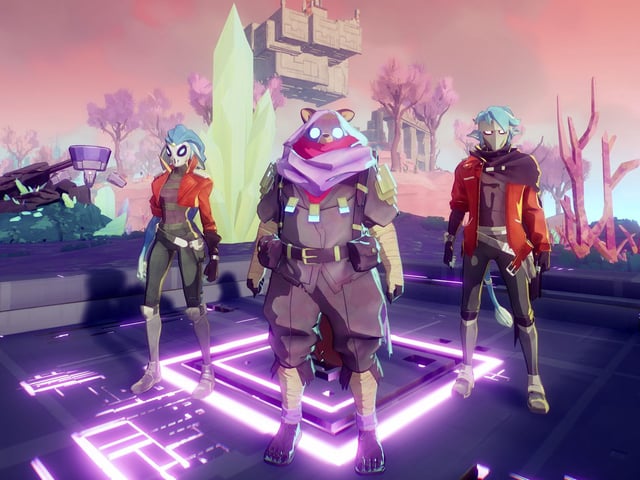Hyper Light Breaker characters standing on glowing platform looking toward camera