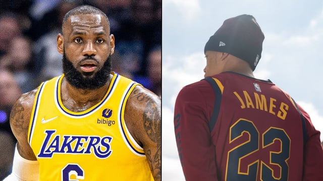 LeBron James in LA Lakers jersey alongside fan in James 23 jersey from Cleveland