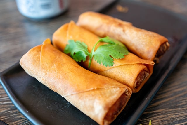Close-up of fried spring rolls on a plate, San Ramon, California, August 18, 2024. (Photo by Smith Collection/Gado/Getty Images)