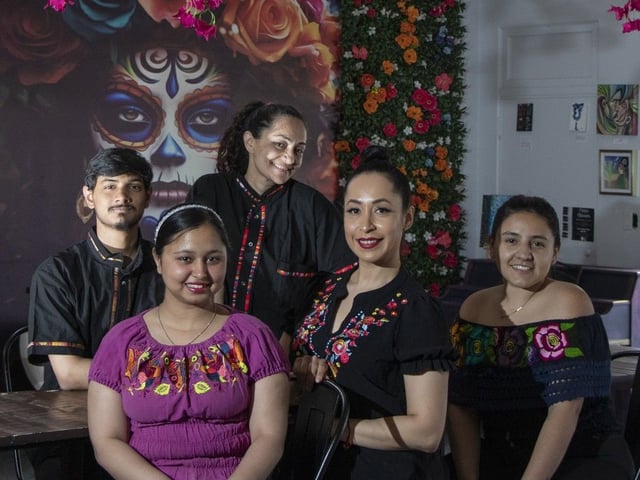 Angelica Cruz, centre, took over a former sports bar with a bad reputation to start up a Mexican restaurant on Alberta Avenue. She is surrounded by her staff, Jake Singh, Heiman Saini, Luisa Toro, and Jacqueline Lajas on June 26, 2025.