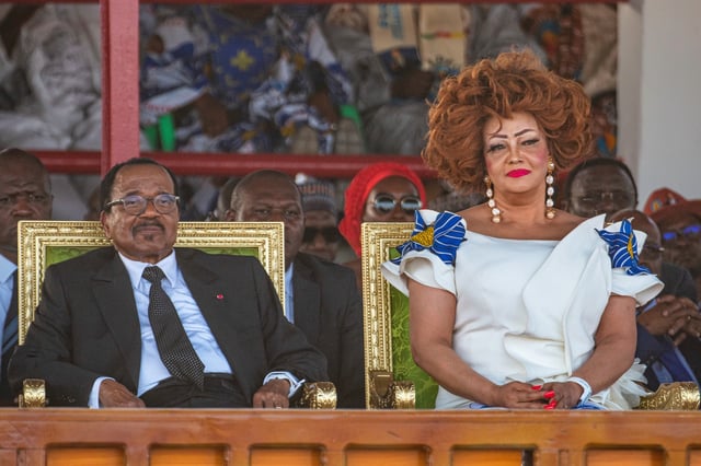 Cameroonian President Paul Biya and First Lady Chantal Biya at a political rally in Maroua, Cameroon, Oct. 7, 2025 (AP photo by Welba Yamo Pascal).