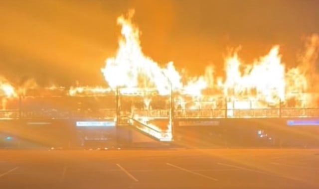 The Caribou Village Shopping Center in Nederland burns early in the morning on Thursday, Oct. 9, 2025. (Screengrab of video by Boulder County Sheriff’s Office)