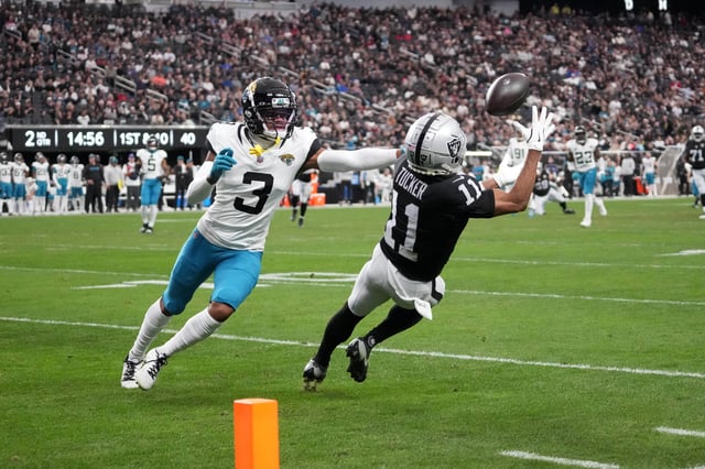 Dec 22, 2024; Paradise, Nevada, USA; Las Vegas Raiders wide receiver Tre Tucker (11) makes a catch against Jacksonville Jaguars cornerback Tyson Campbell (3) in the first half at Allegiant Stadium. Mandatory Credit: Kirby Lee-Imagn Images