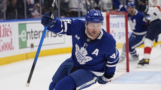 May 5, 2025; Toronto, Ontario, CAN; Toronto Maple Leafs defenseman Morgan Rielly (44) celebrates a goal against the Florida Panthers during the first period of the second round of the 2025 Stanley Cup Playoffs at Scotiabank Arena. Mandatory Credit: John E. Sokolowski-Imagn Images