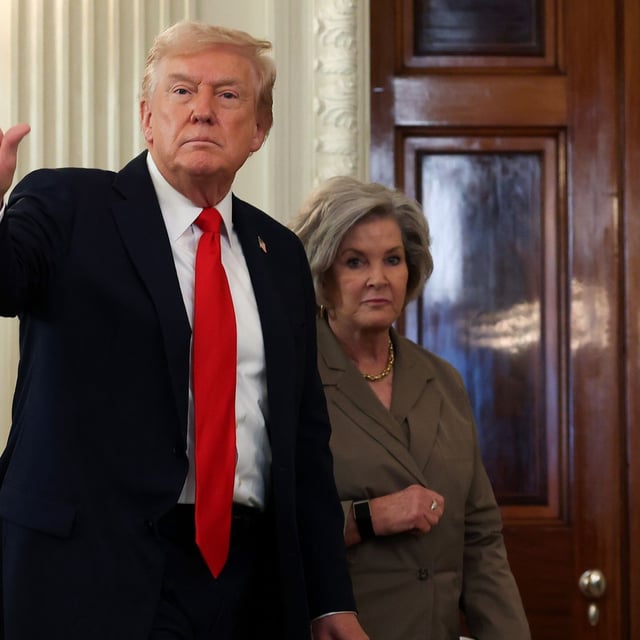 WASHINGTON, DC - OCTOBER 08: U.S. President Donald Trump departs with White House Chief of Staff Susie Wiles following a roundtable discussion in the State Dining Room of the White House on October 08, 2025 in Washington, DC. Trump’s administration held the roundtable to discuss the anti-fascist Antifa movement after signing an executive order designating it as a “domestic terrorist organization”. (Photo by Anna Moneymaker/Getty Images)