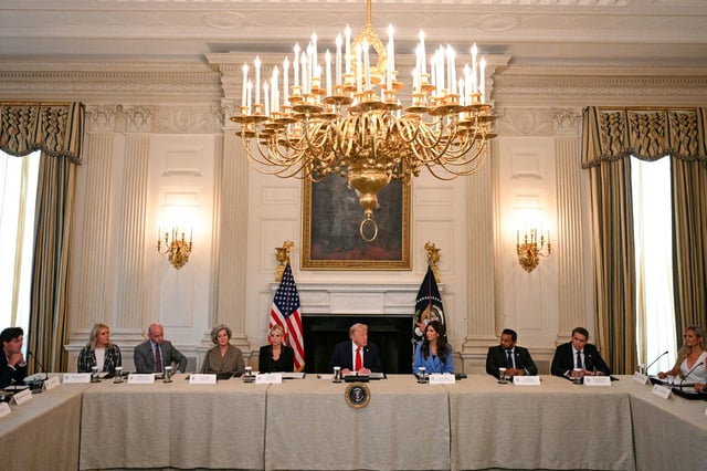 Donald Trump chairs a roundtable about Antifa in the State Dining Room of the White House on Oct. 8, 2025.