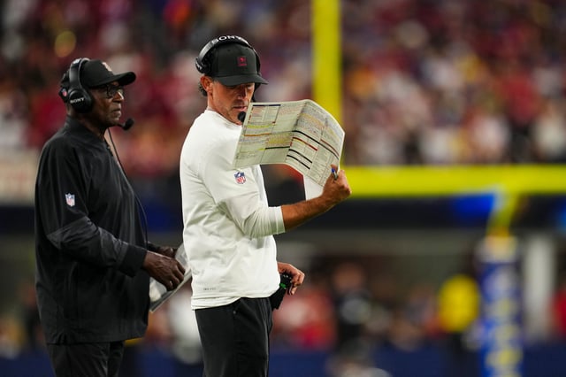 INGLEWOOD, CA - OCTOBER 02: San Francisco 49ers head coach Kyle Shanahan looks on from the sideline during an NFL football game against the Los Angeles Rams at SoFi Stadium on October 2, 2025 in Inglewood, California. (Photo by Cooper Neill/Getty Images)