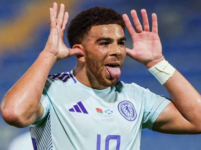 Scotland's Che Adams celebrates scoring to make it 1-0 during a 2026 FIFA World Cup Qualifying match between Belarus and Scotland at the ZTE Arena, on September 08, 2025, in Zalaegerszeg, Hungary. 