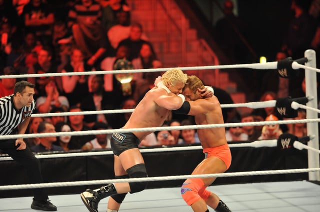 Zack Ryder and Dolph Ziggler battle during their WWE match at the WWE Monday Night Raw Supershow Halloween event at the Philips Arena on October 31, 2011 in Atlanta, Georgia.