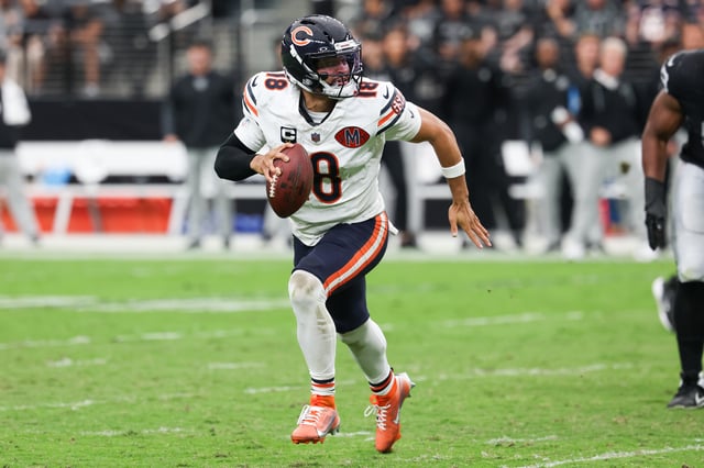 Sep 28, 2025; Paradise, Nevada, USA; Chicago Bears quarterback Caleb Williams (18) runs out of the pocket during the second half against Las Vegas Raiders at Allegiant Stadium. Mandatory Credit: Kiyoshi Mio-Imagn Images