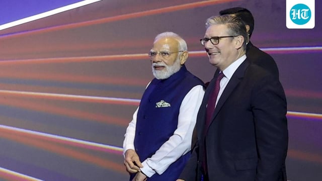 Prime Minister Narendra Modi with his British counterpart Keir Starmer during the ‘Global Fintech Fest 2025’, at the Jio World Centre, in Mumbai (PM India via PTI)