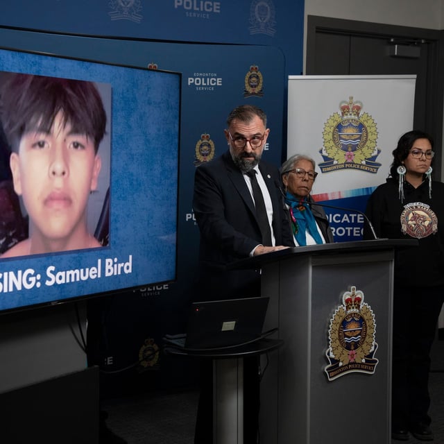 Edmonton detective Jared Buhler during a press conference with the family of Samuel Bird in Edmonton, October 1.