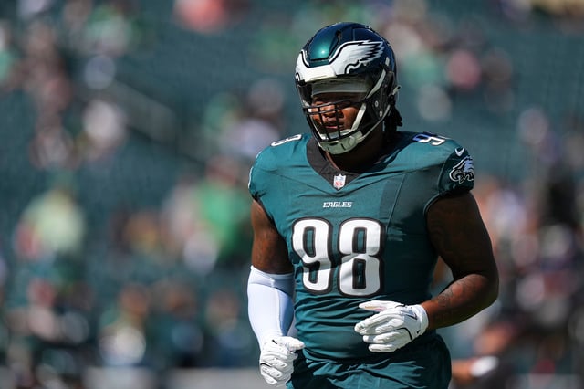 PHILADELPHIA, PENNSYLVANIA - OCTOBER 5: Jalen Carter #98 of the Philadelphia Eagles looks on against the Denver Broncos at Lincoln Financial Field on October 5, 2025 in Philadelphia, United States. (Photo by Mitchell Leff/Getty Images)