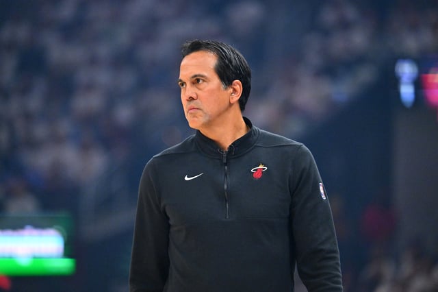 Head coach Erik Spoelstra of the Miami Heat watches during the first quarter of game two of the first round of the Eastern Conference Playoffs against the Cleveland Cavaliers at Rocket Arena on April 23, 2025 in Cleveland, Ohio. NOTE TO USER: User expressly acknowledges and agrees that, by downloading and or using this photograph, User is consenting to the terms and conditions of the Getty Images License Agreement. (Photo by Jason Miller/Getty Images)