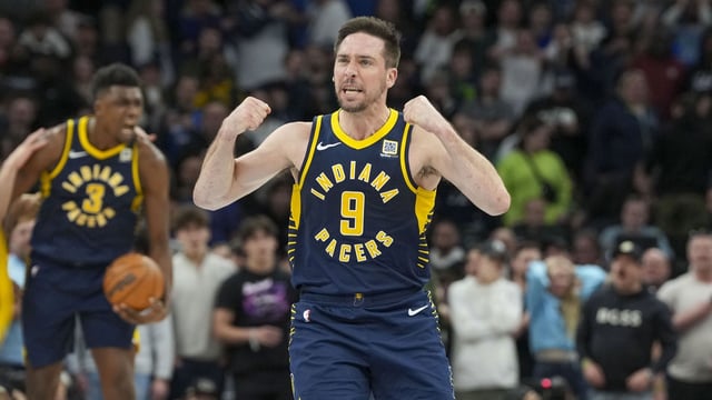 Mar 17, 2025; Minneapolis, Minnesota, USA; Indiana Pacers guard T.J. McConnell (9) celebrates after defeating the Minnesota Timberwolves at Target Center. Mandatory Credit: Jesse Johnson-Imagn Images