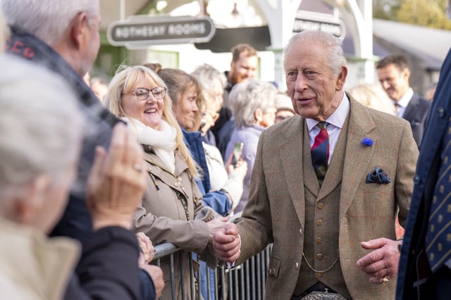 Britain's King Charles greets people during a visit to mark the 150th anniversary of the Albert Hall in Ballater, Scotland, Britain, October 9, 2025.   Jane Barlow/Pool via REUTERS