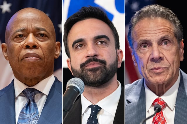 From left, Mayor Eric Adams, Zohran Mamdani and Andrew Cuomo. (Barry Williams/ New York Daily News)