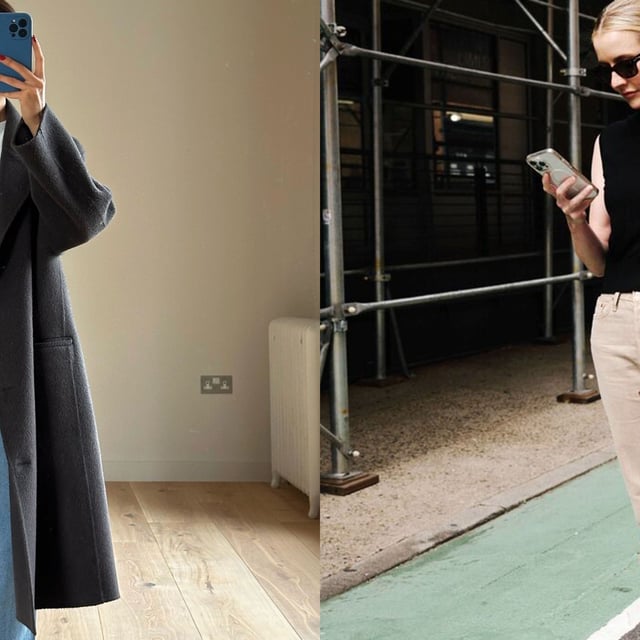 Women in elevated basics looking at their phone