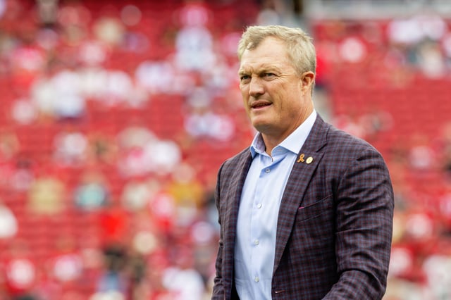 San Francisco 49ers general manager John Lynch looks on before an NFL game between the Jacksonville Jaguars and the San Francisco 49ers on Sept. 28, 2025, at Levi’s Stadium in Santa Clara, Calif.
