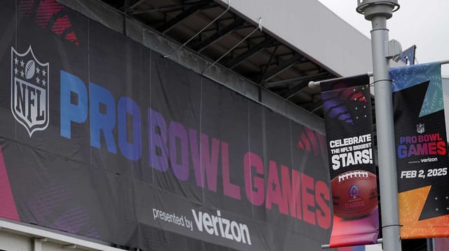 Feb 2, 2025; Orlando, FL, USA; The 2025 Pro Bowl Games logo on the Camping World Stadium facade. Mandatory Credit: Kirby Lee-Imagn Images