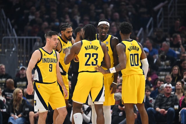 CLEVELAND, OHIO - MAY 13: T.J. McConnell #9 Obi Toppin #1 Aaron Nesmith #23 Pascal Siakam #43 and Bennedict Mathurin #00 of the Indiana Pacers huddle during the second quarter of game five of the Eastern Conference Semifinals against the Cleveland Cavaliers at Rocket Arena on May 13, 2025 in Cleveland, Ohio. The Pacers defeated the Pacers 114-105. NOTE TO USER: User expressly acknowledges and agrees that, by downloading and or using this photograph, User is consenting to the terms and conditions of the Getty Images License Agreement. (Photo by Jason Miller/Getty Images)