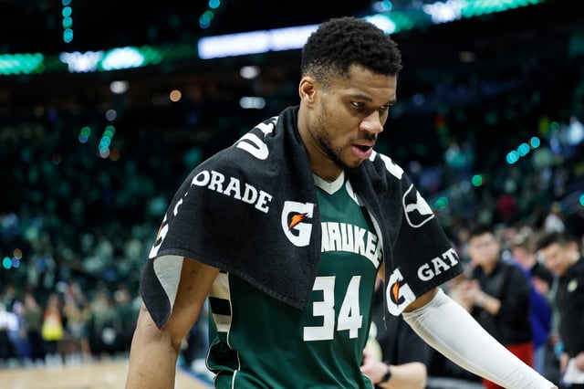 MILWAUKEE, WISCONSIN - APRIL 25: Giannis Antetokounmpo #34 of the Milwaukee Bucks after a win over Indiana Pacers during game three of the first round of the 2025 NBA playoffs at Fiserv Forum on April 25, 2025 in Milwaukee, Wisconsin. NOTE TO USER: User expressly acknowledges and agrees that, by downloading and or using this photograph, User is consenting to the terms and conditions of the Getty Images License Agreement. (Photo by John Fisher/Getty Images)