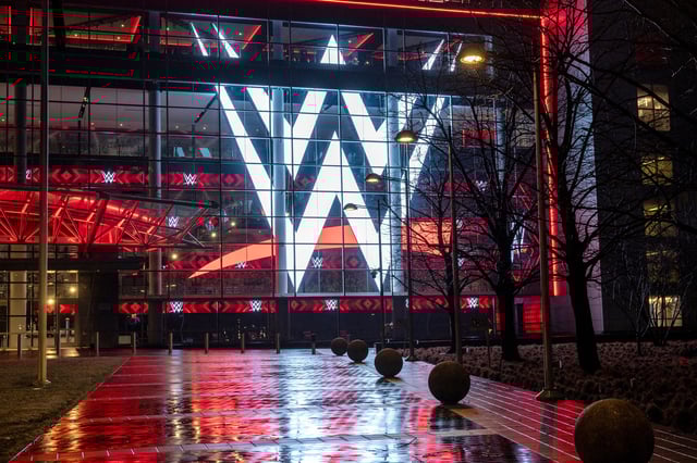 STAMFORD, CONNECTICUT - JANUARY 28: A giant WWE logo shines from the WWE world headquarters on January 28, 2024 in Stamford, Connecticut.  (Photo by John Moore/Getty Images)