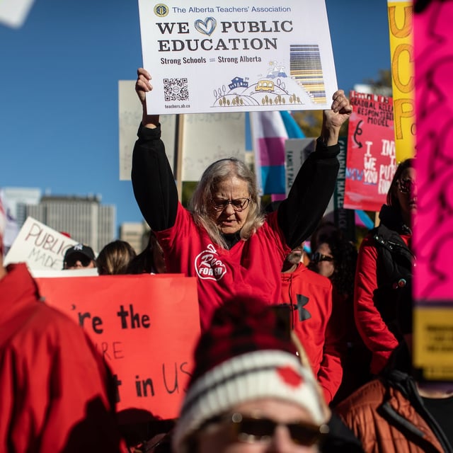 Teachers and supporters take part in a rally on World Teachers' Day in Edmonton, on Sunday, Oct. 5, 2025. THE CANADIAN PRESS/Jason Franson