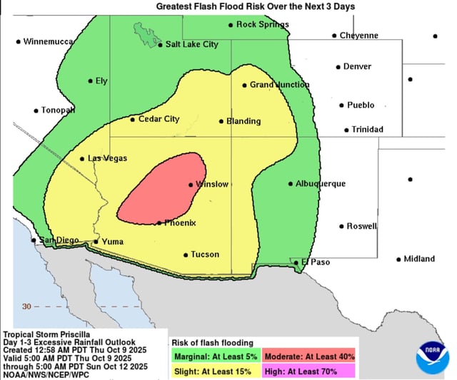 A forecast from the NWS Weather Prediction Center shows where the highest risk of flash floods will be this weekend.