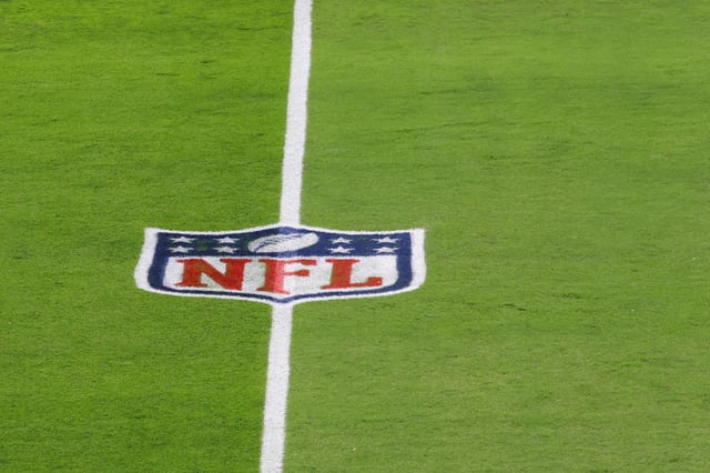 Sep 28, 2025; Paradise, Nevada, USA; A general view of the NFL logo at Allegiant Stadium before the game between the Las Vegas Raiders and Chicago Bears. Mandatory Credit: Kiyoshi Mio-Imagn Images
