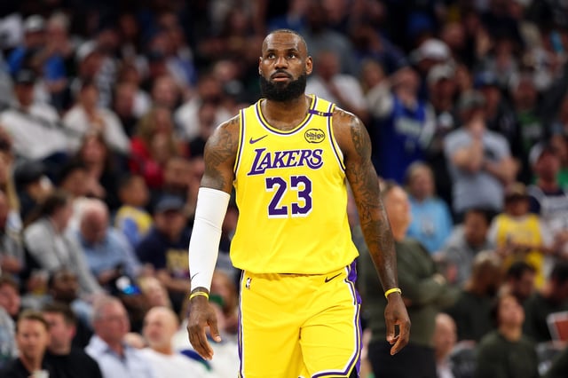 MINNEAPOLIS, MINNESOTA - APRIL 25: LeBron James #23 of the Los Angeles Lakers looks on against the Minnesota Timberwolves in the first quarter of Game Three of the First Round of the 2025 NBA Playoffs at Target Center on April 25, 2025 in Minneapolis, Minnesota. The Timberwolves defeated the Lakers 116-104 to take a 2-1 series lead. NOTE TO USER: User expressly acknowledges and agrees that, by downloading and or using this photograph, User is consenting to the terms and conditions of the Getty Images License Agreement. (Photo by David Berding/Getty Images)