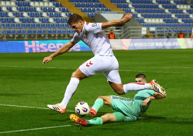 Soccer Football - FIFA World Cup - UEFA Qualifiers - Group C - Belarus v Denmark - ZTE Arena, Zalaegerszeg, Hungary - October 9, 2025 Denmark's Jannik Vestergaard in action with Belarus' Egor Parkhomenko REUTERS/Bernadett Szabo