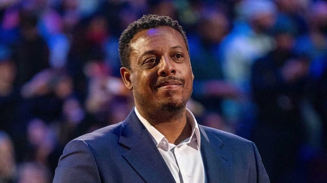 February 20, 2022; Cleveland, Ohio, USA; NBA great Paul Pierce is honored for being selected to the NBA 75th Anniversary Team during halftime in the 2022 NBA All-Star Game at Rocket Mortgage FieldHouse. Mandatory Credit: Kyle Terada-Imagn Images