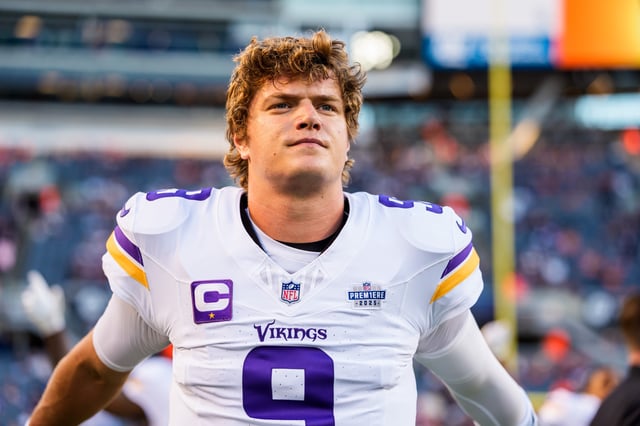 J.J. McCarthy #9 of the Minnesota Vikings warms up prior to an an NFL football game against the Chicago Bears at Solider Field on September 8, 2025 in Chicago, Illinois.