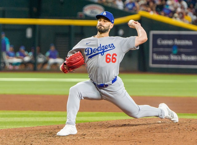 Sep 25, 2025; Phoenix, Arizona, USA; Los Angeles Dodgers pitcher Tanner Scott (66) on the mound to pitch in the seventh at Chase Field. Mandatory Credit: Allan Henry-Imagn Images/ File Photo