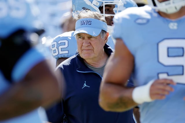 North Carolina head coach Bill Belichick on the field before an NCAA college football game against Clemson, Saturday, Oct. 4, 2025, in Chapel Hill, N.C.