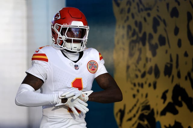 JACKSONVILLE, FLORIDA - OCTOBER 06: Xavier Worthy #1 of the Kansas City Chiefs walks out of the tunnel before the game against the Jacksonville Jaguars at EverBank Stadium on October 06, 2025 in Jacksonville, Florida. (Photo by Mike Carlson/Getty Images)